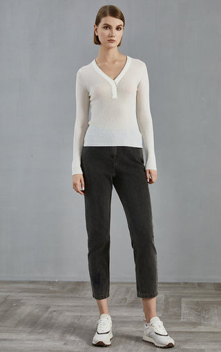 White long-sleeve fine knit V-neck sweater with simple placket at neckline