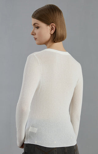 White fine knit V-neck sweater from back view; ribbed knit texture