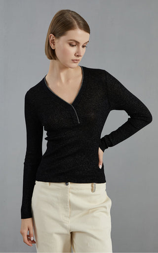 Black fine knit V-neck sweater with long sleeves; fitted waist and ribbed cuffs