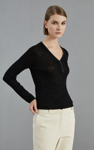 Black long-sleeve fine knit V-neck sweater with neckline placket