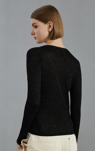Black fine knit V-neck sweater from back view; smooth knit texture and ribbing