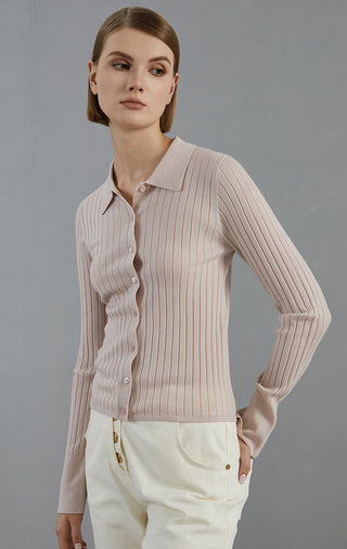Pale taupe ribbed knit button-up cardigan with long sleeves and collared neckline