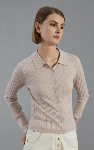Pale taupe ribbed knit button-up cardigan with collared neckline and front buttons
