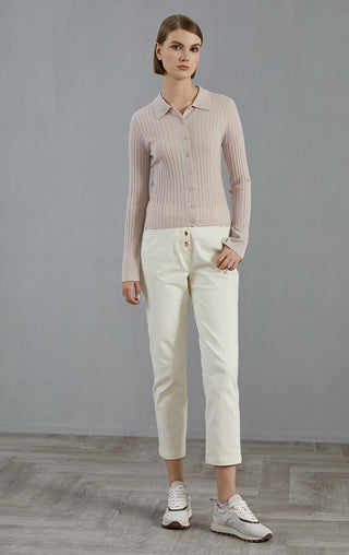 Pale taupe ribbed knit cardigan with button-front and collar; full-body front view