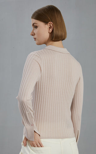 Pale taupe ribbed knit button-up cardigan, back view with long sleeves and ribbing