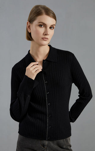 Black ribbed knit button-up cardigan with collared neckline and front button placket