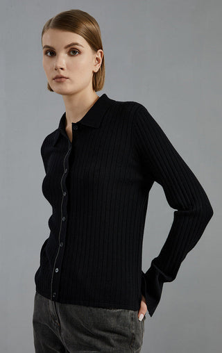 Black ribbed knit cardigan with button placket and collared neckline; side view