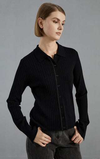 Black ribbed knit cardigan, collared button-front with long sleeves and fitted waist