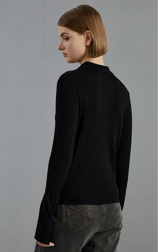 Black ribbed knit button-up cardigan, back view with long sleeves and elasticated hem