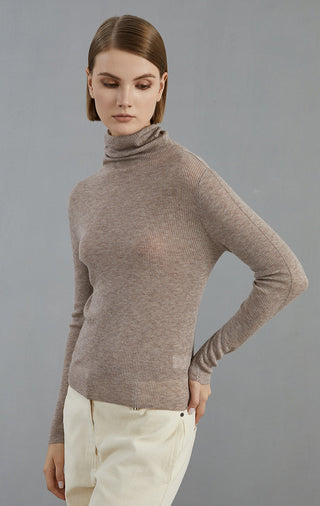 Dark camel ribbed turtleneck top, long sleeves, side view with high neckline