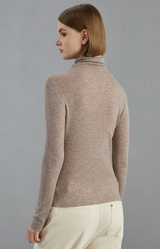Dark camel ribbed turtleneck top, back and side seam details, long sleeves