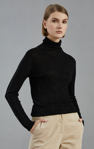 Fine wool blend ribbed turtleneck top, black, long sleeves, fitted profile