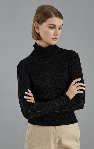 Black ribbed turtleneck sweater with long sleeves, front view