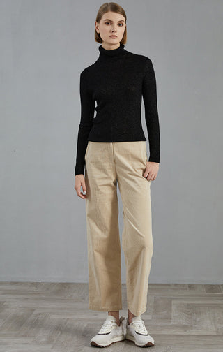 Black fitted ribbed turtleneck top with long sleeves and high neckline