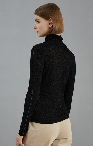 Black ribbed turtleneck top, back and side view, long sleeves
