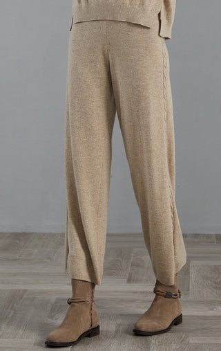 Camel wide-leg knit pants, soft cable trim detail at side seam