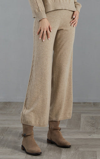 Camel cashmere knit wide-leg pants with cable-trim drape and roomy fit