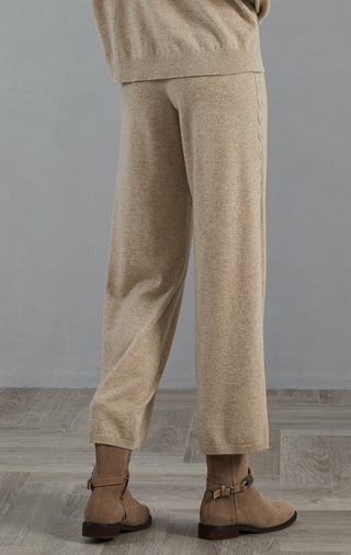 Camel wide-leg knit pants, tapered cuffs and cable-trim detail near hem