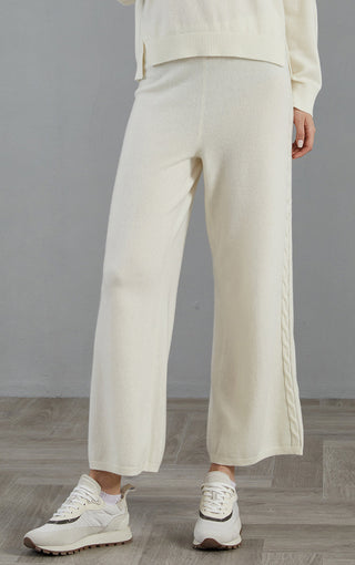 White cashmere cable-trim wide-leg knit pants with smooth, relaxed drape