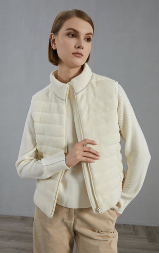 White wool vest jacket with zip closure and stand collar; quilted front over ribbed knit sleeves