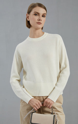 Ivory white fine-rib knit pullover sweater, crew neck and long sleeves with ribbed hem