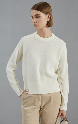 Ivory white fine-rib knit pullover sweater with crew neck and long sleeves, ribbed finishing