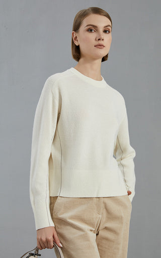 Ivory white fine-rib knit pullover sweater, crew neck, long sleeves, ribbed cuffs and hem