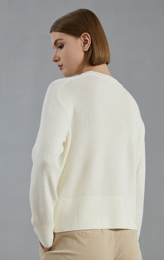 Ivory white fine-rib knit pullover sweater, back view with crew neck and ribbed hem