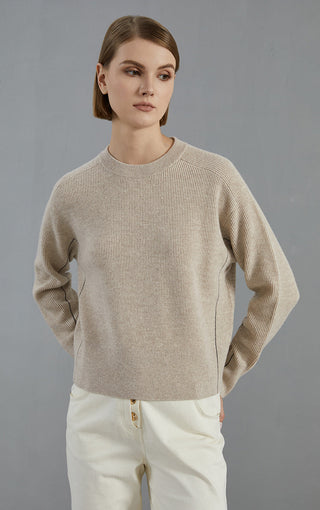 Camel fine-rib knit pullover sweater, crew neck, long sleeves with ribbed edges