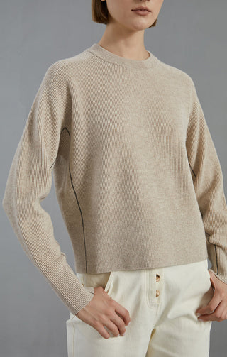Camel fine-rib knit pullover sweater, close-up of crew neck and ribbed knit texture