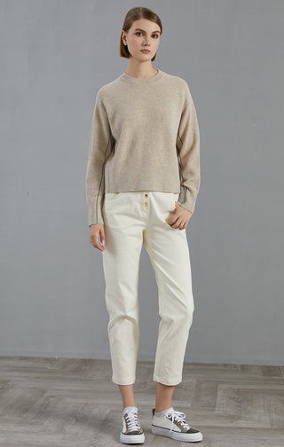 Camel fine-rib knit pullover sweater, crew neck and long sleeves, ribbed cuffs and hem