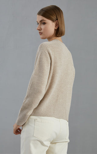 Camel fine-rib knit pullover sweater, side/back view with crew neck and ribbed hem
