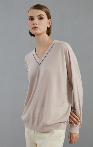 Pale taupe wool V-neck knit pullover with beaded collar, front view