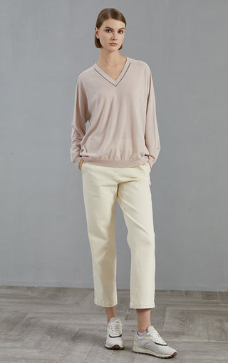 Pale taupe wool V-neck knit pullover with beaded collar, relaxed silhouette