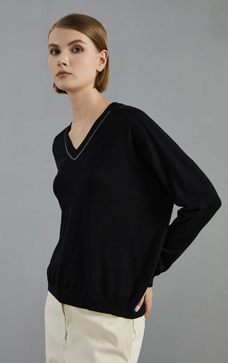 Black wool V-neck knit pullover with beaded collar, side view