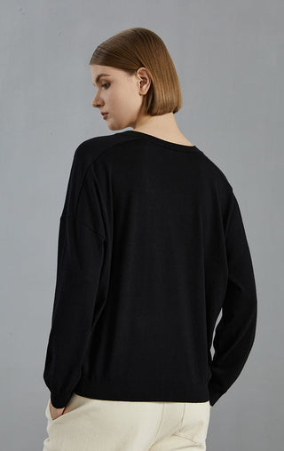 Black wool V-neck knit pullover from back view, long sleeves and hem
