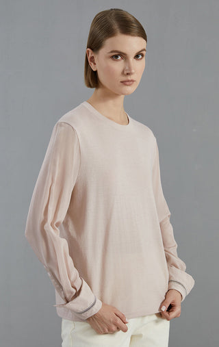 Pale taupe wool-blend knit pullover, crew neck; contrast beaded cuff trim.