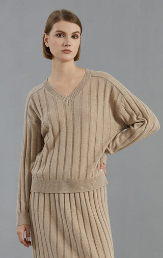 Camel cashmere V-neck ribbed sweater, long sleeves, relaxed fit with vertical knit stripes