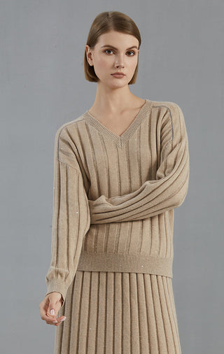 Camel cashmere V-neck ribbed sweater with dropped shoulder sleeves and fitted rib hem
