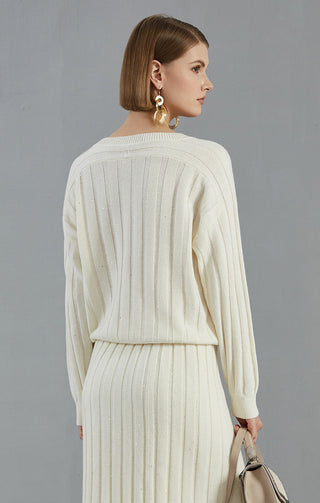 White cashmere V-neck ribbed sweater from back view, vertical rib knit and ribbed waist