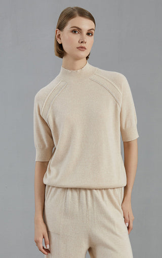Pale taupe cashmere short-sleeve knit sweater with crew neck and raglan seams