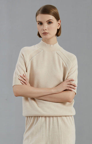 Pale taupe short-sleeve cashmere knit sweater, crew neck, raglan seam detail