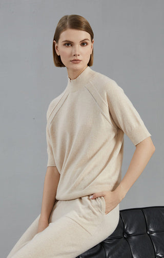 Pale taupe cashmere short-sleeve knit sweater with relaxed fit and ribbed neckline