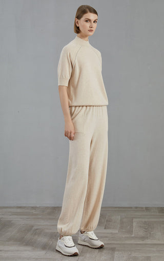Pale taupe cashmere short-sleeve crewneck knit sweater, clean pullover style
