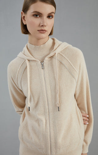Beige cashmere hooded zip cardigan, full front zipper and drawstring hood
