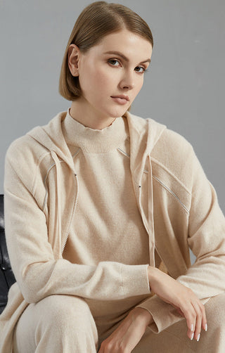 Beige cashmere hooded zip cardigan, zip front and kangaroo-style pocket detail