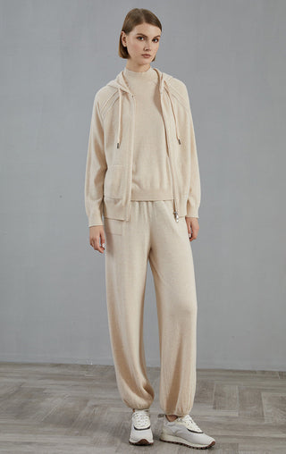Beige cashmere hooded zip cardigan with long sleeves, hood, and metal zipper pulls