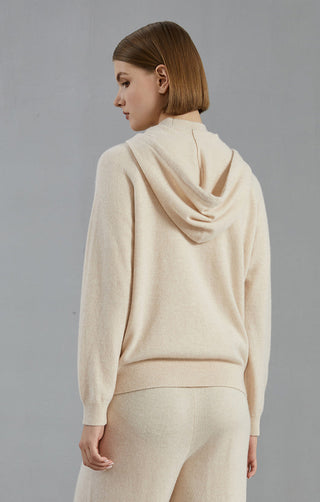 Beige cashmere hooded zip cardigan, back view with hood and ribbed hem