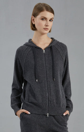 Graphite gray cashmere hooded zip cardigan with drawstring hood and front pockets