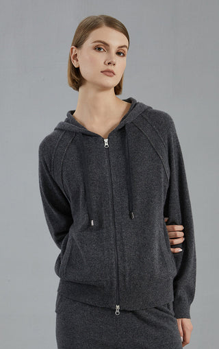 Graphite gray cashmere hooded zip cardigan, front view with zip and drawstring ends